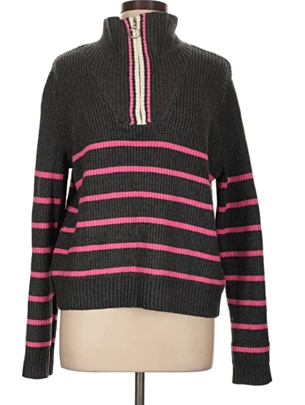 Calligraphie  Women Pullover Sweater with 1/4 Zip Sz Large Gray/Pink